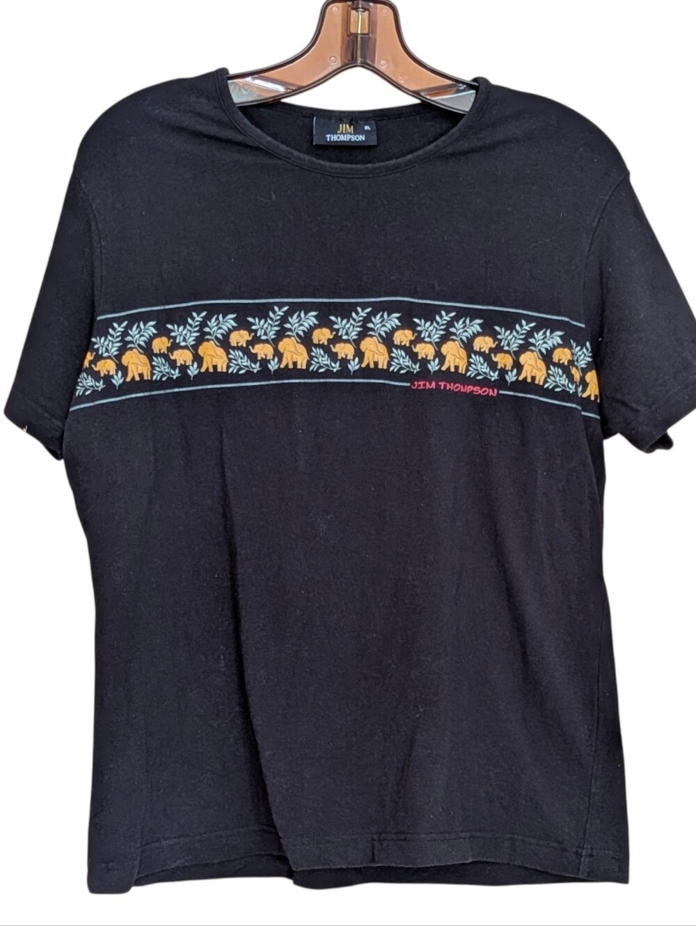 Jim Thompson Black Tee with Yellow Elephant Border Women's XL Casual Designer